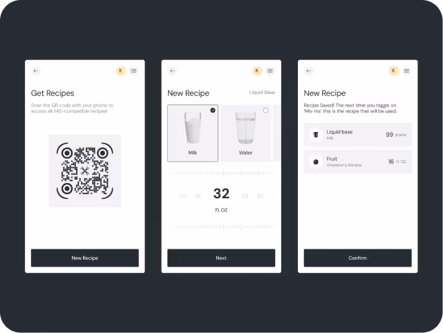  First screen shows a QR code labeled 'Get Recipes' with an option to scan for recipes. The second screen is titled 'New Recipe' with options for milk and water as liquid bases, displaying a total of 32 fl. oz. The third screen confirms a saved recipe with