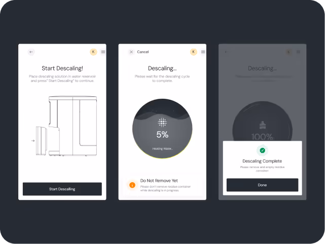 Three smartphone screens display a coffee machine descaling process. The first screen shows "Start Descaling," the second indicates 5% progress, and the third confirms completion.