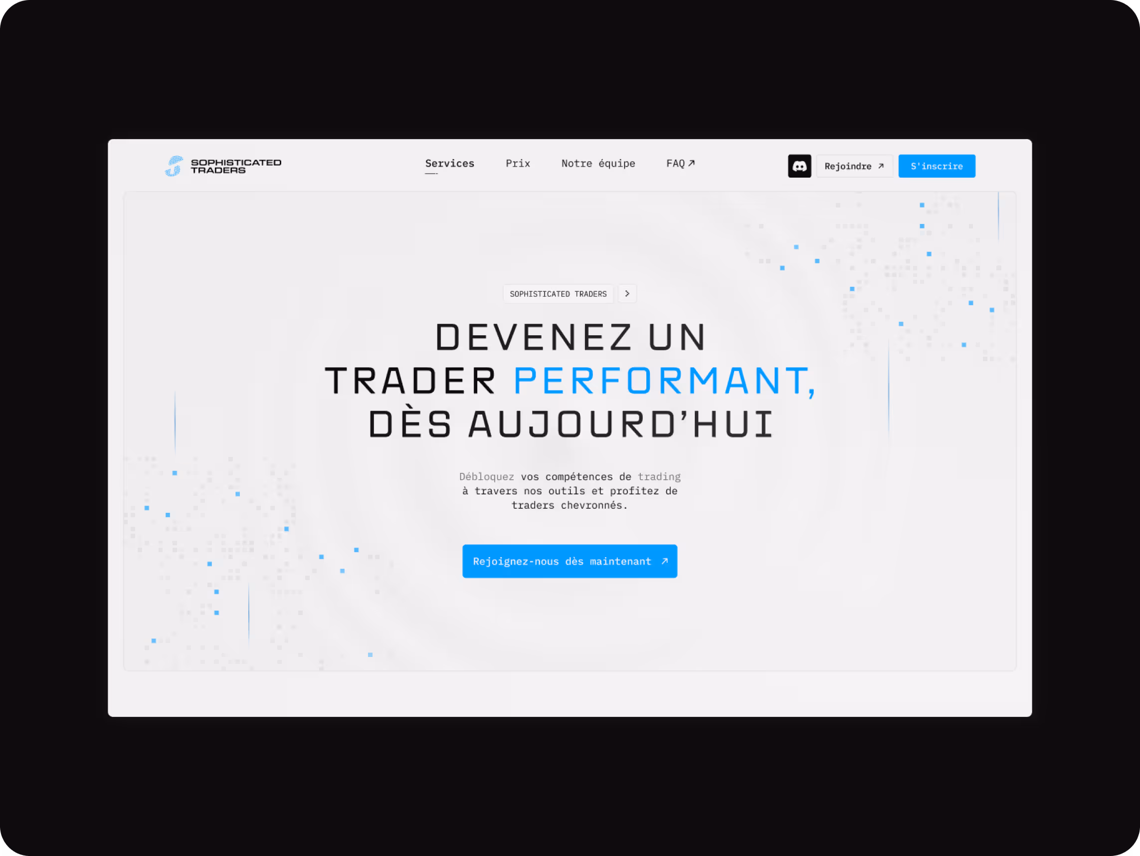 Features bold text inviting users to become effective traders today. Blue and black text on a white background, with digital design elements. Menu options include services, pricing, team, and FAQ. Join and sign-up buttons present.