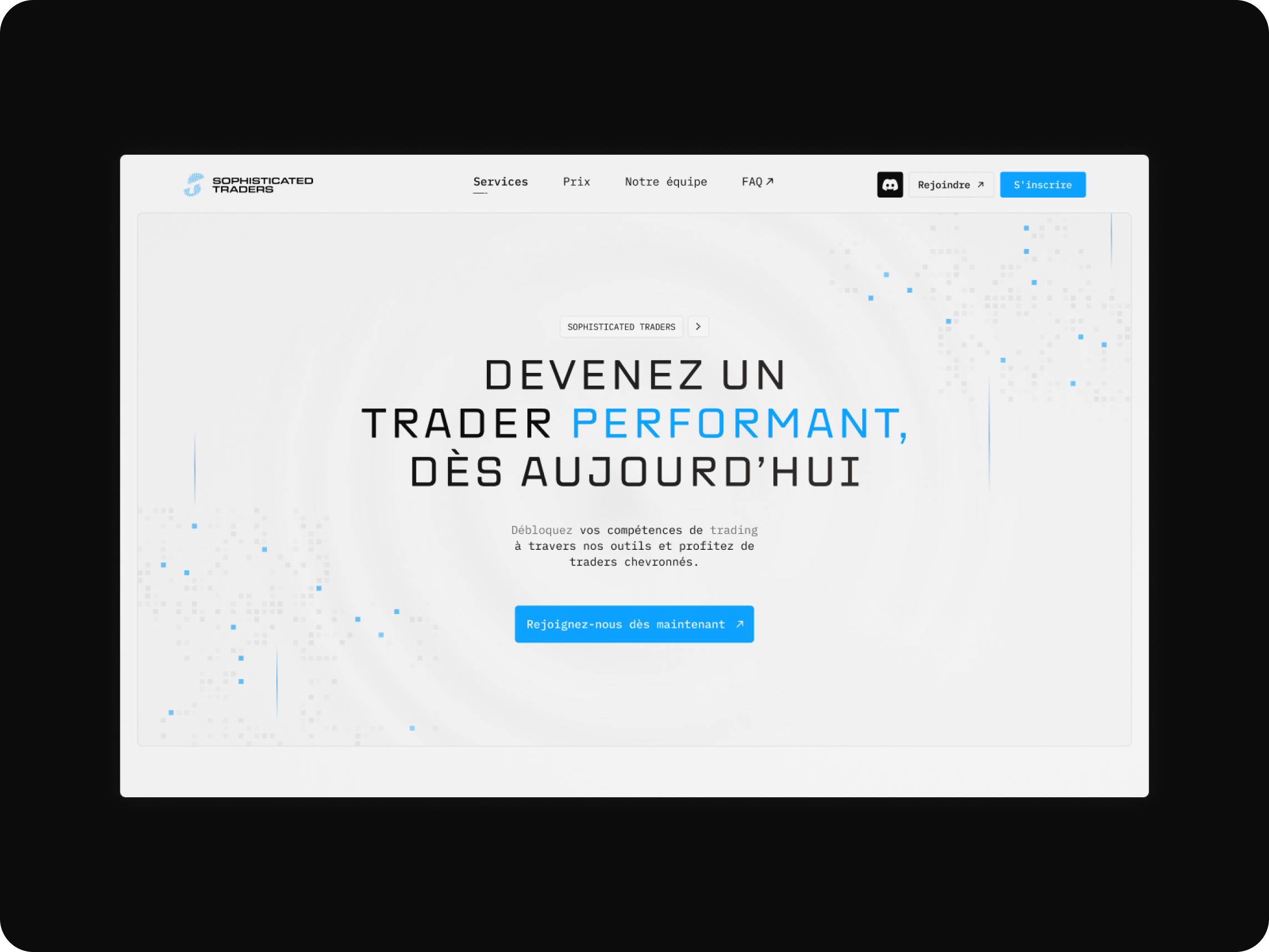 Features bold text inviting users to become effective traders today. Blue and black text on a white background, with digital design elements. Menu options include services, pricing, team, and FAQ. Join and sign-up buttons present.