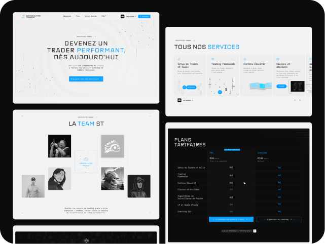 A website layout with sections in French, promoting a trading service. It features team photos, service offerings, and a pricing table on a sleek black and white design.