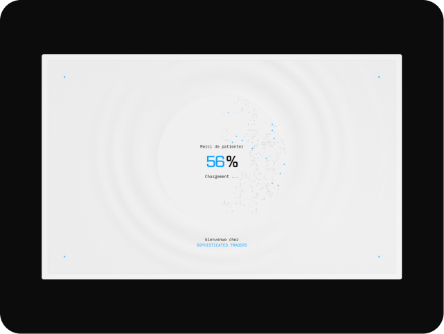 White screen with a centered loading display showing '56%' in blue. Surrounding text in French reads, 'Merci de patienter' and 'Chargement'. Bottom text says 'Bienvenue chez SOPHISTICATED TRADERS'.