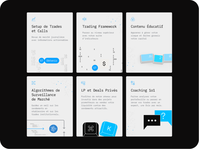 A grid of six cards on a black background, each depicting financial topics in French, with icons and light blue accents. The design is modern and informational.