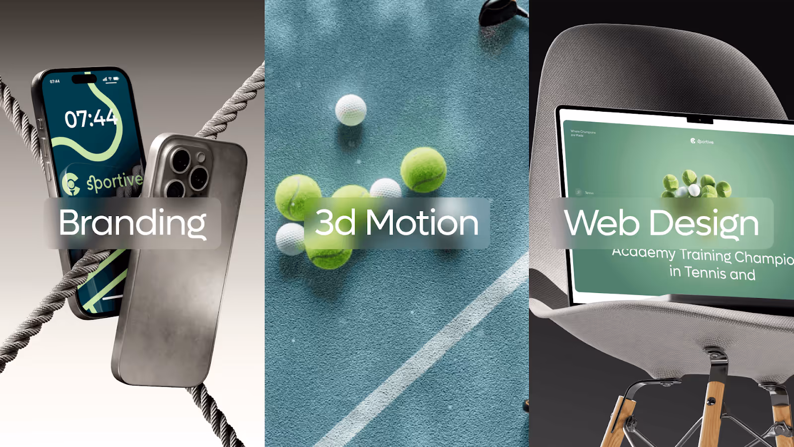 A triptych of high-quality digital design work demonstrating a culture of commitment. The panels display (from left to right): a phone screen and device showcasing sleek Branding elements; tennis balls on a court representing dynamic 3D Motion graphics; and a tablet view of a clean, detailed Web Design project. The visuals emphasize a high standard of quality and attention to detail.