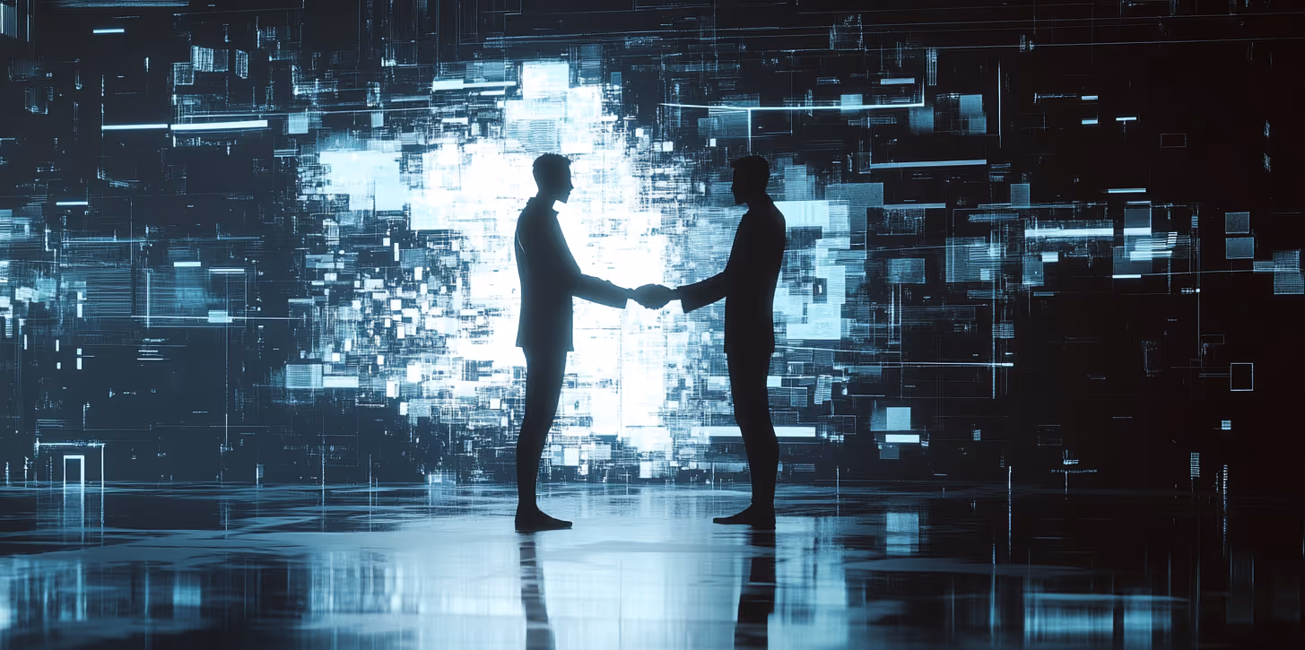 Two silhouetted figures shake hands in front of a digital backdrop of glowing blue squares, conveying a sense of technology and partnership.