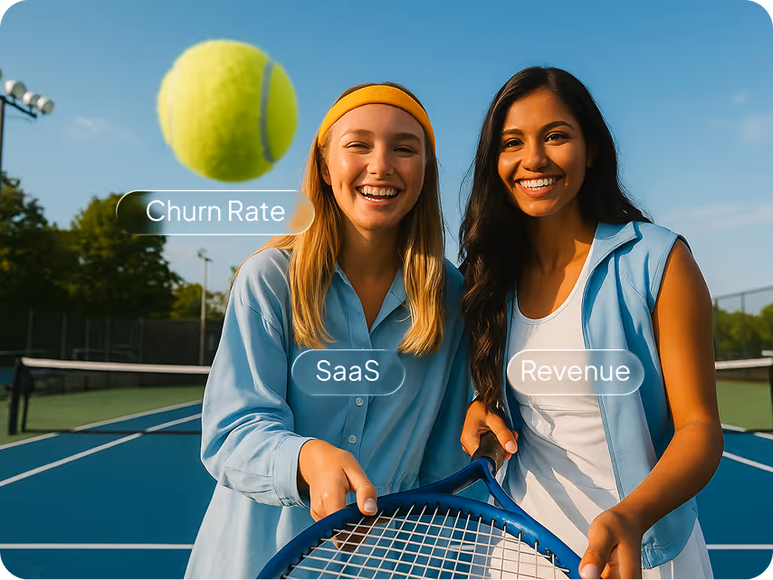 Two women on a tennis court, smiling and holding a racket. A floating tennis ball displays "Churn Rate." Text overlay reads "SaaS" and "Revenue."