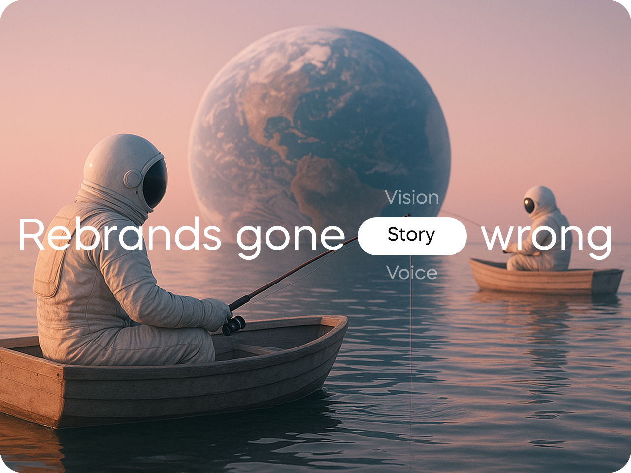 Astronauts fishing from boats on calm water under a large Earth in the sky. Text reads, "Rebrands gone wrong." A calm, surreal setting.