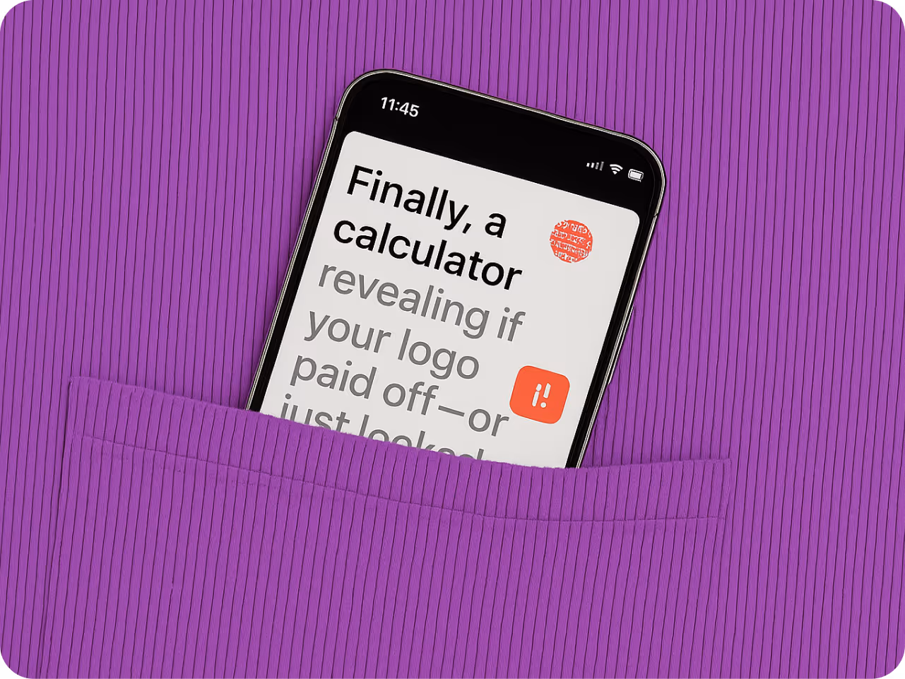 Smartphone partially visible in a purple pocket, displaying text about a calculator for evaluating logo success. The mood is curious and modern.