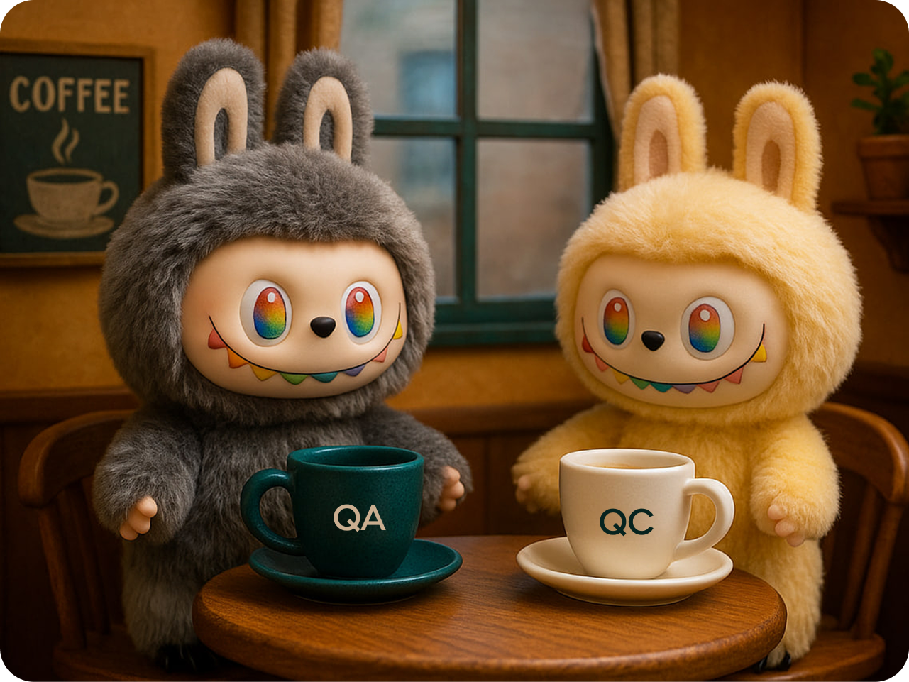 Two plush toys in bunny suits share coffee. One is gray with a "QA" cup, the other is yellow with a "QC" cup. They sit at a cozy cafe table, smiling.