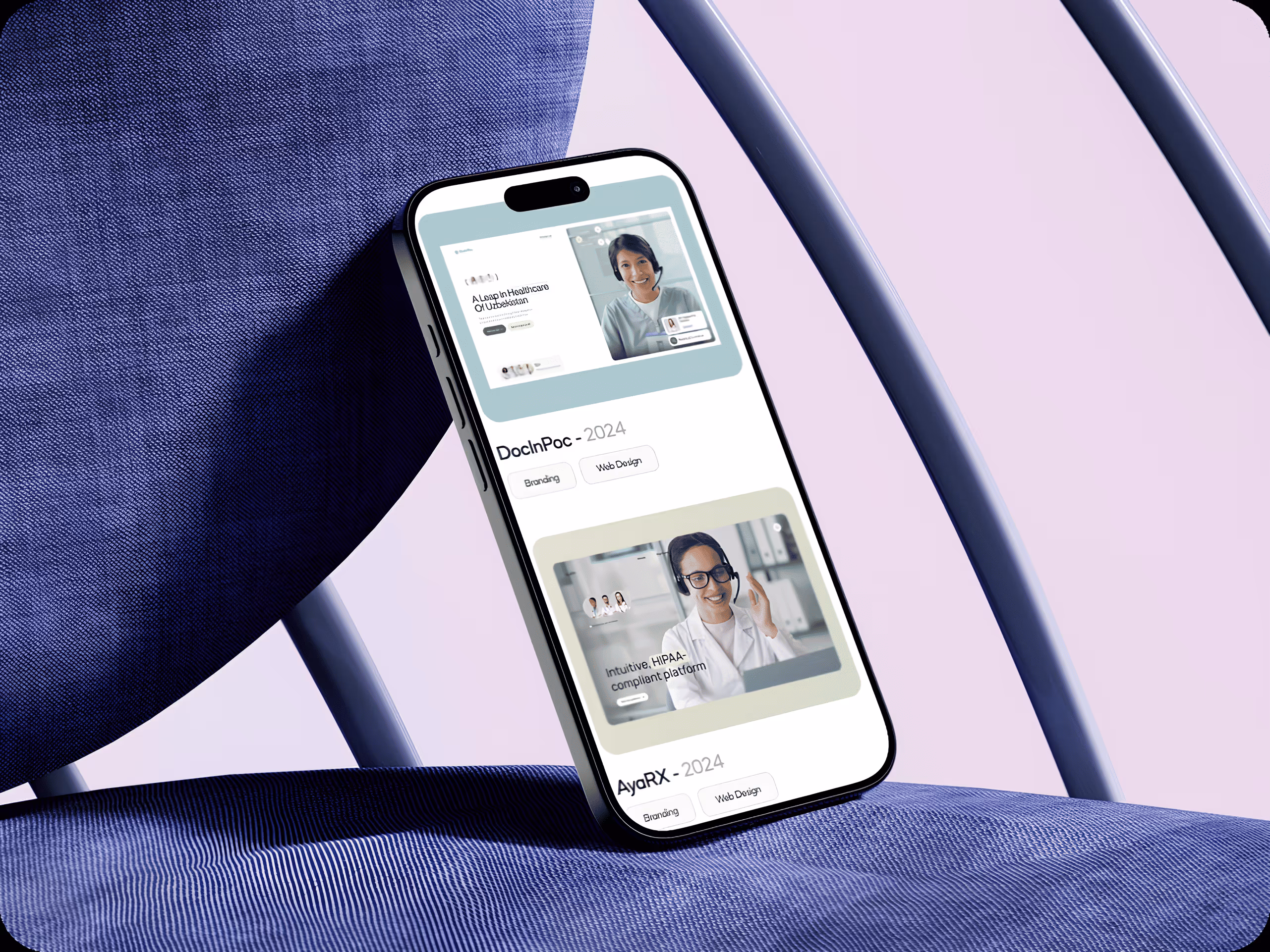 Smartphone angled on a blue cushion chair, displaying medical app interfaces featuring professionals in lab coats. The tone is modern and professional.