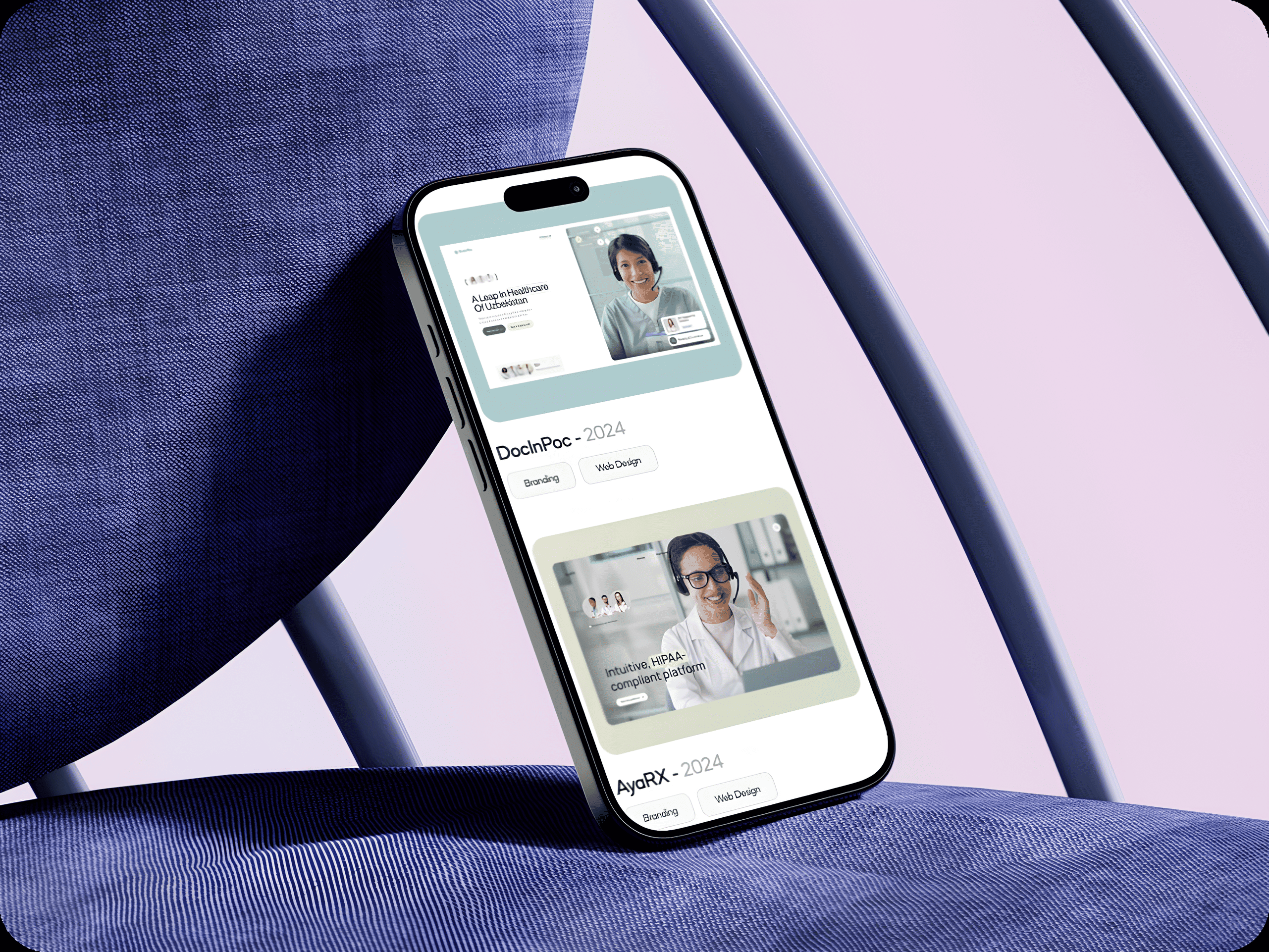 Smartphone angled on a blue cushion chair, displaying medical app interfaces featuring professionals in lab coats. The tone is modern and professional.