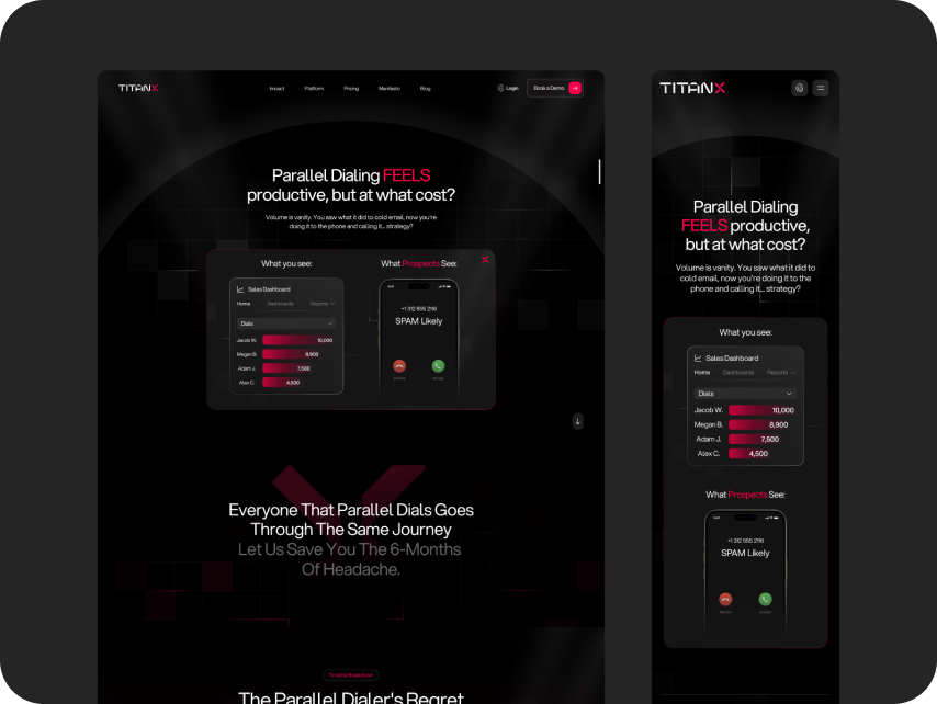 Dark-themed webpage features a bold headline 'Parallel Dialing FEELS productive, but at what cost?' in white and red text. A dashboard comparison shows user view versus prospect view labeled 'SPAM Likely'.