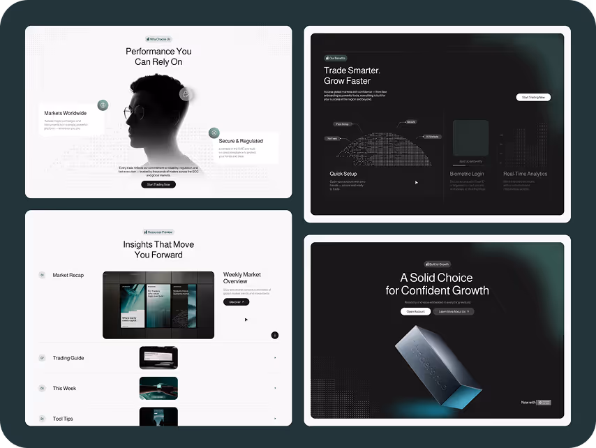 Four panels showing a sleek, modern financial trading interface. Features include market insights, trade setup, and growth options, with a professional tone.