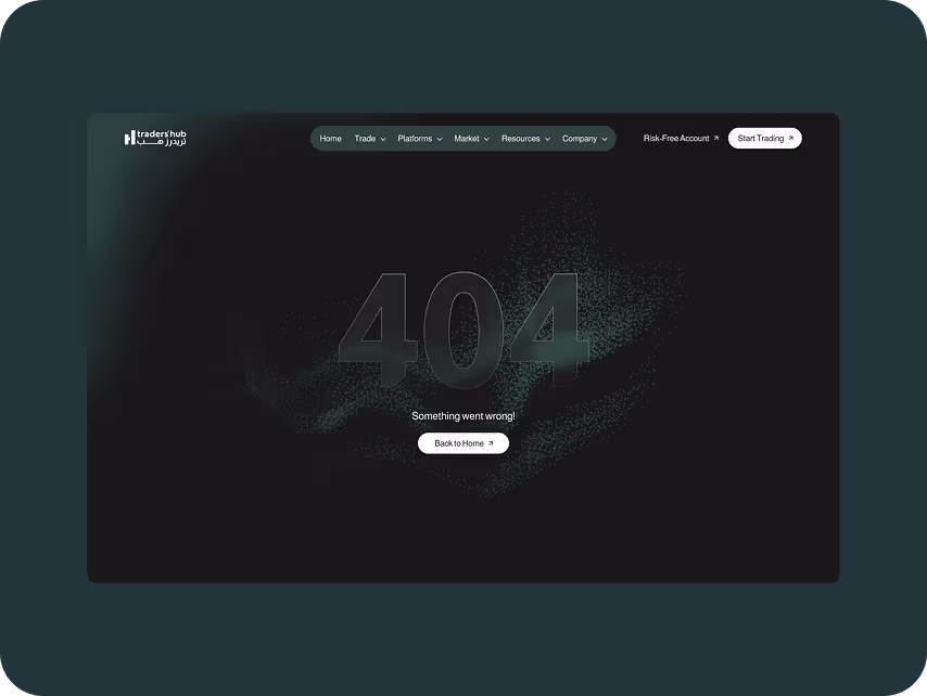 Dark-themed website error page featuring large, translucent "404" text. Navigation bar at the top, with a "Back to Home" button below the error, conveying a modern and sleek design.