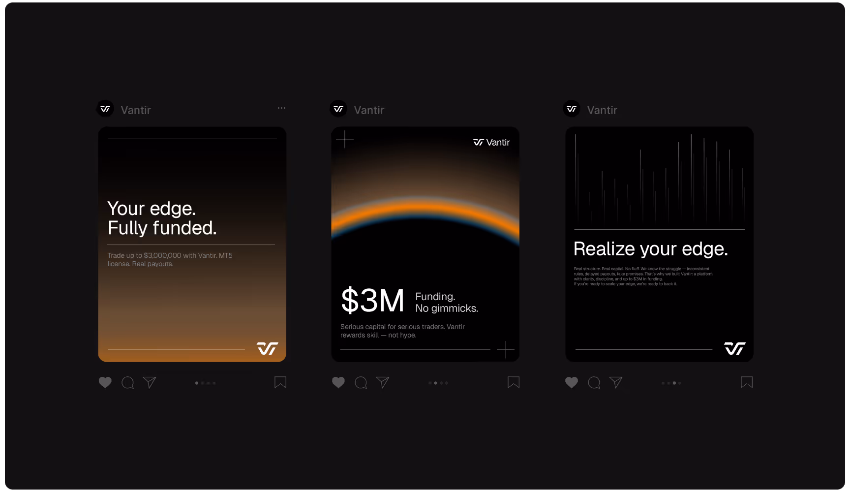 Screenshots of the Vantir proprietary trading platform interface showing mobile views with trading graphics and clear text: 'Your edge. Fully funded,' '$3M Funding. No gimmicks,' and 'Realize your edge.'