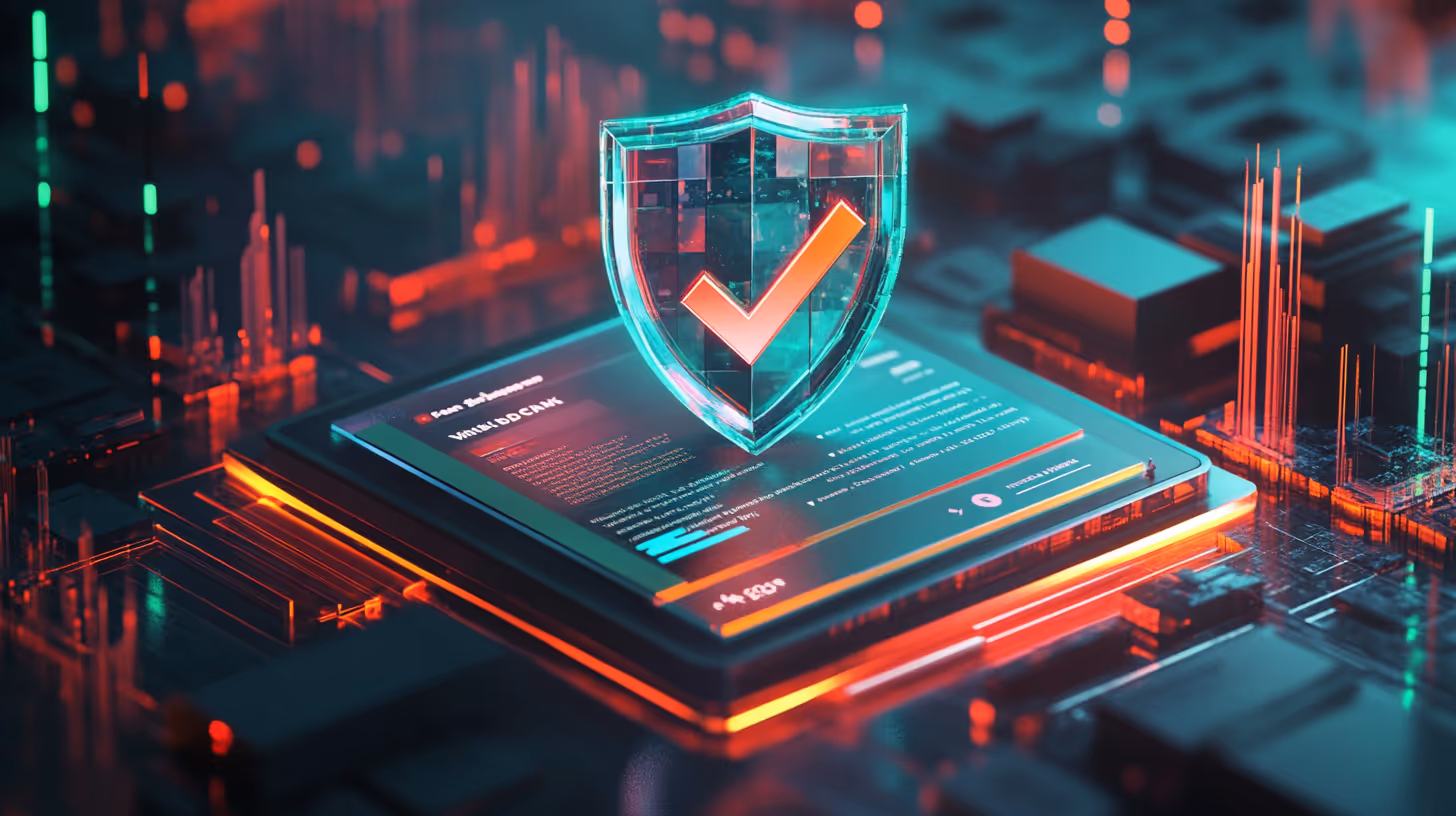 A futuristic digital security concept with a glowing shield and check mark hovering over a computer chip, highlighted in teal and red, symbolizing protection and technology.
