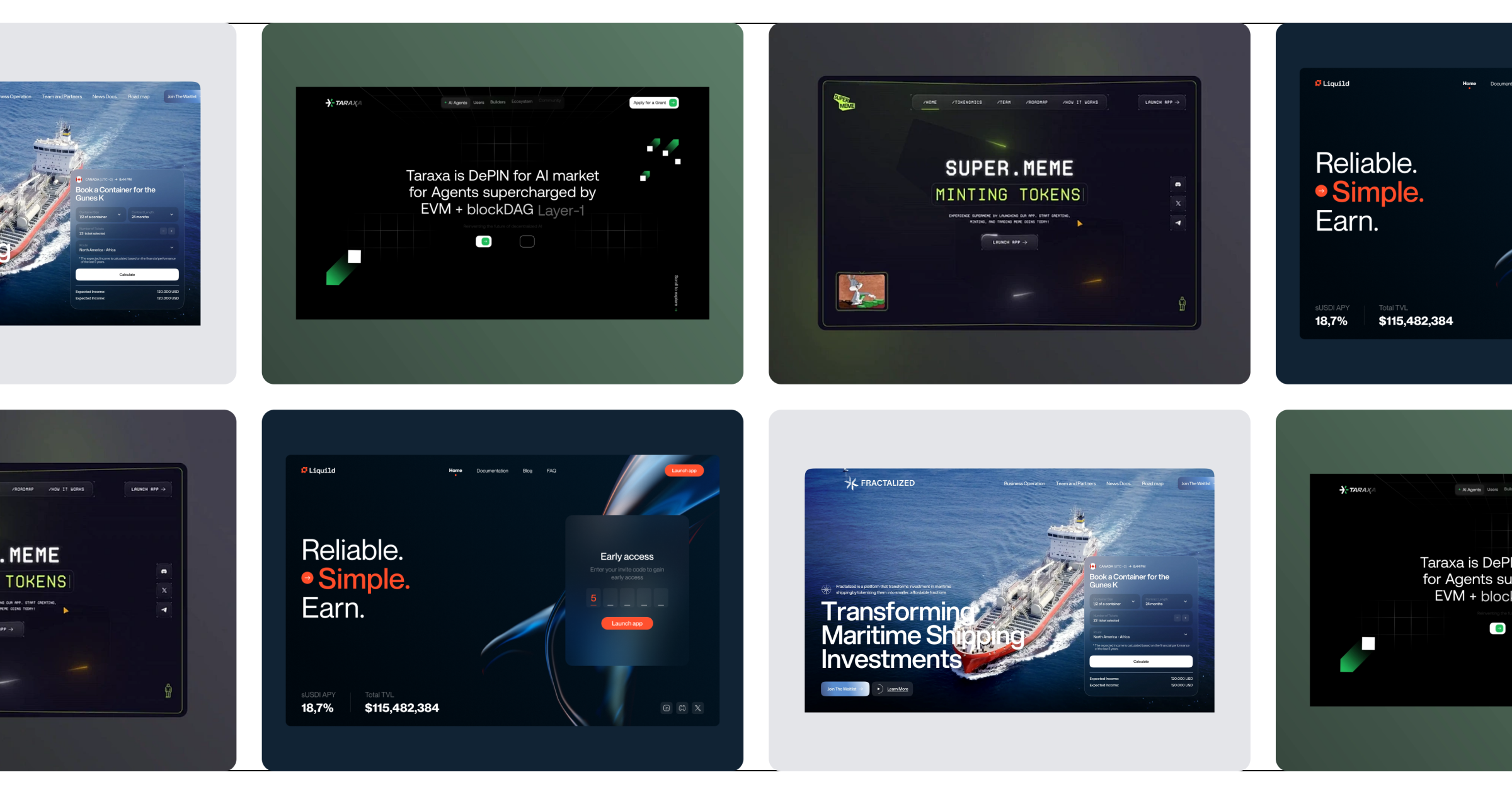 A grid of eight website designs showing various themes, including maritime shipping, blockchain, and token mining, with dark and modern aesthetics.