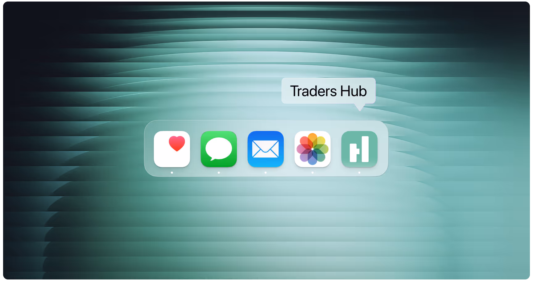 A row of app icons with a heart, chat bubble, envelope, flower, and bar chart on a textured teal background. A speech bubble reads "Traders Hub."