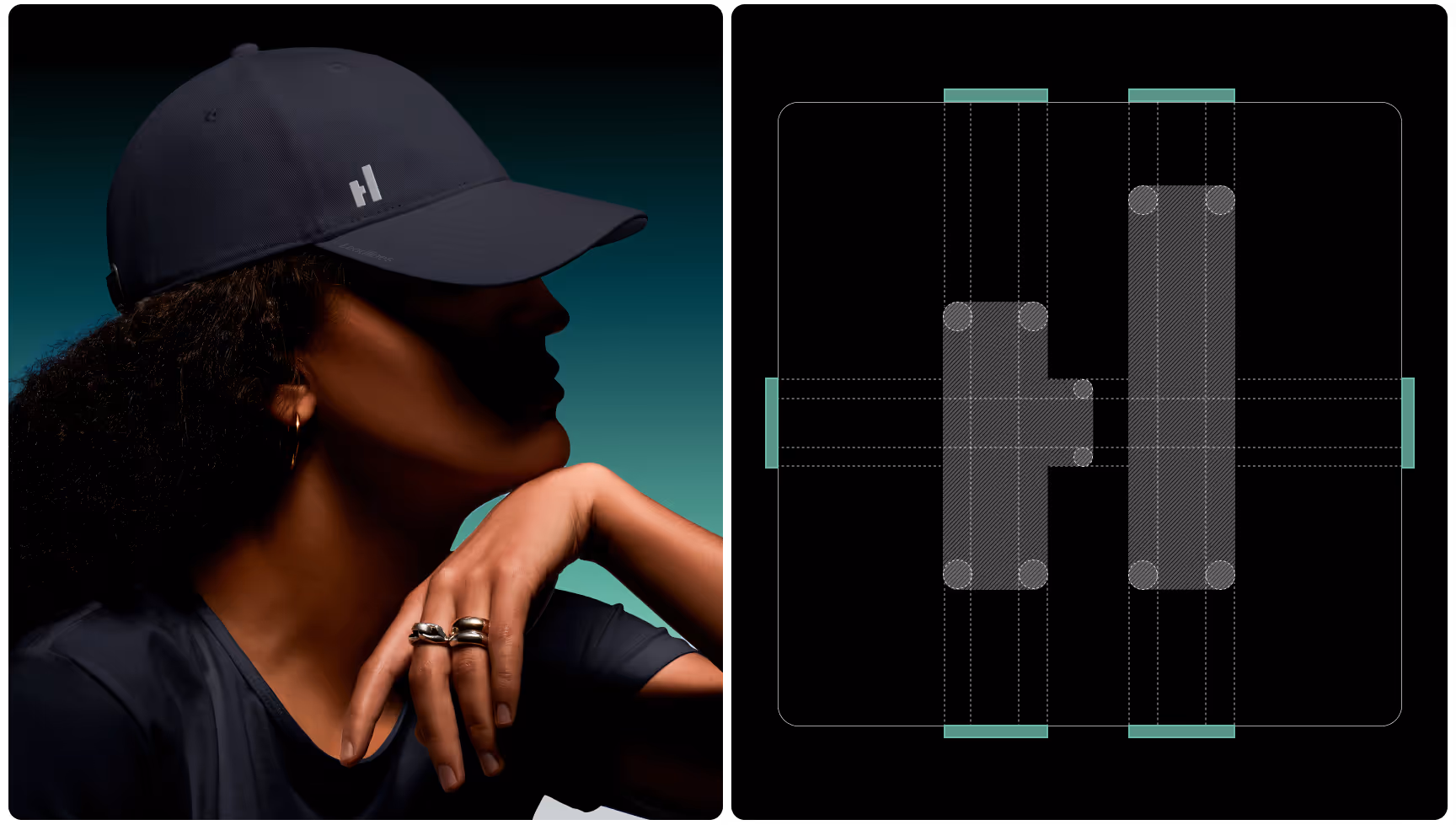 Person in a dark cap and shirt, hand on chin, exudes a contemplative mood. Adjacent is a geometric logo design on a black background.