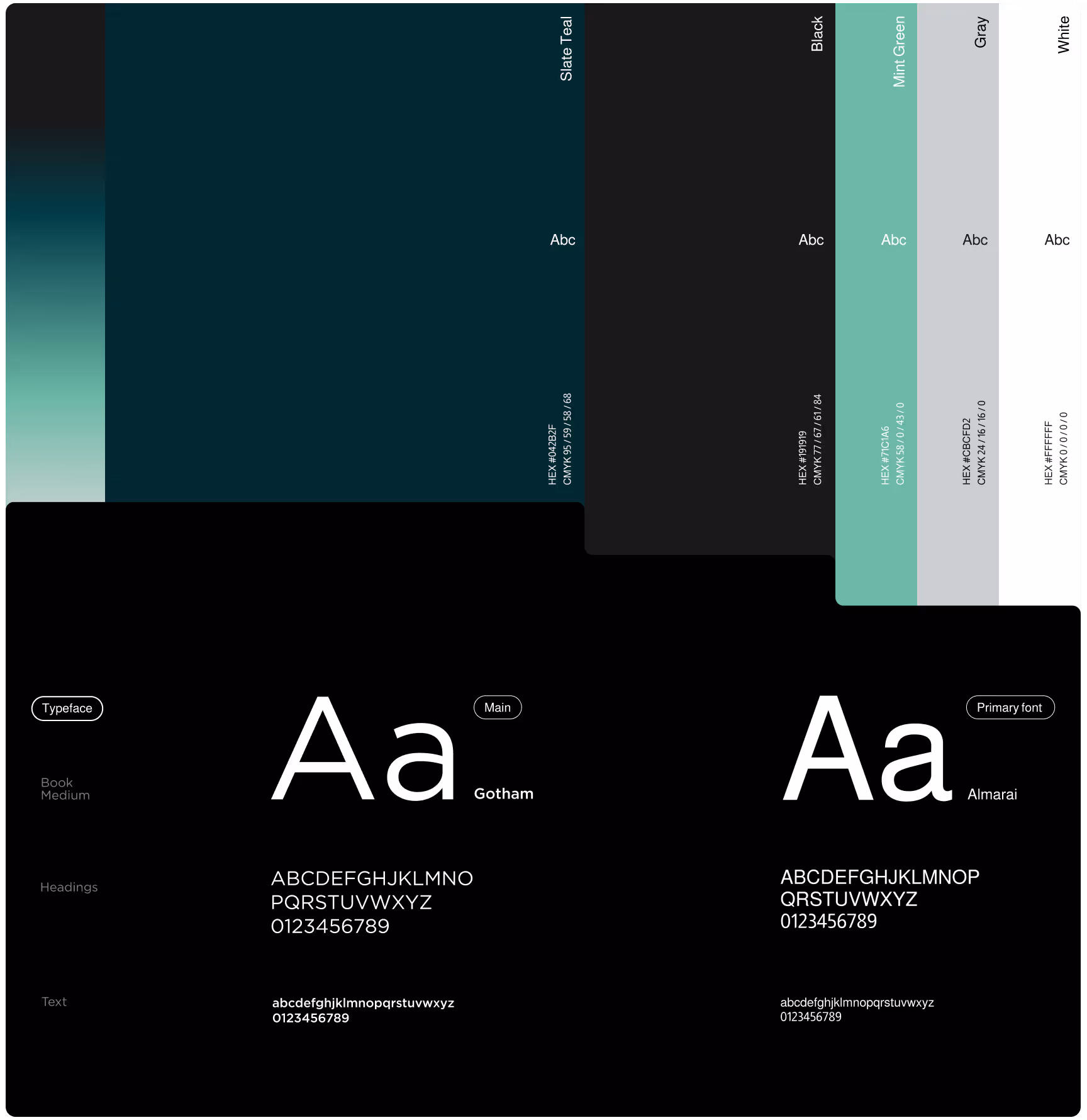 Color palette and typography sample. Colors include Slate Teal, Black, Mint Green, Gray, and White. Fonts shown: Gotham and Almarai for headings and text.