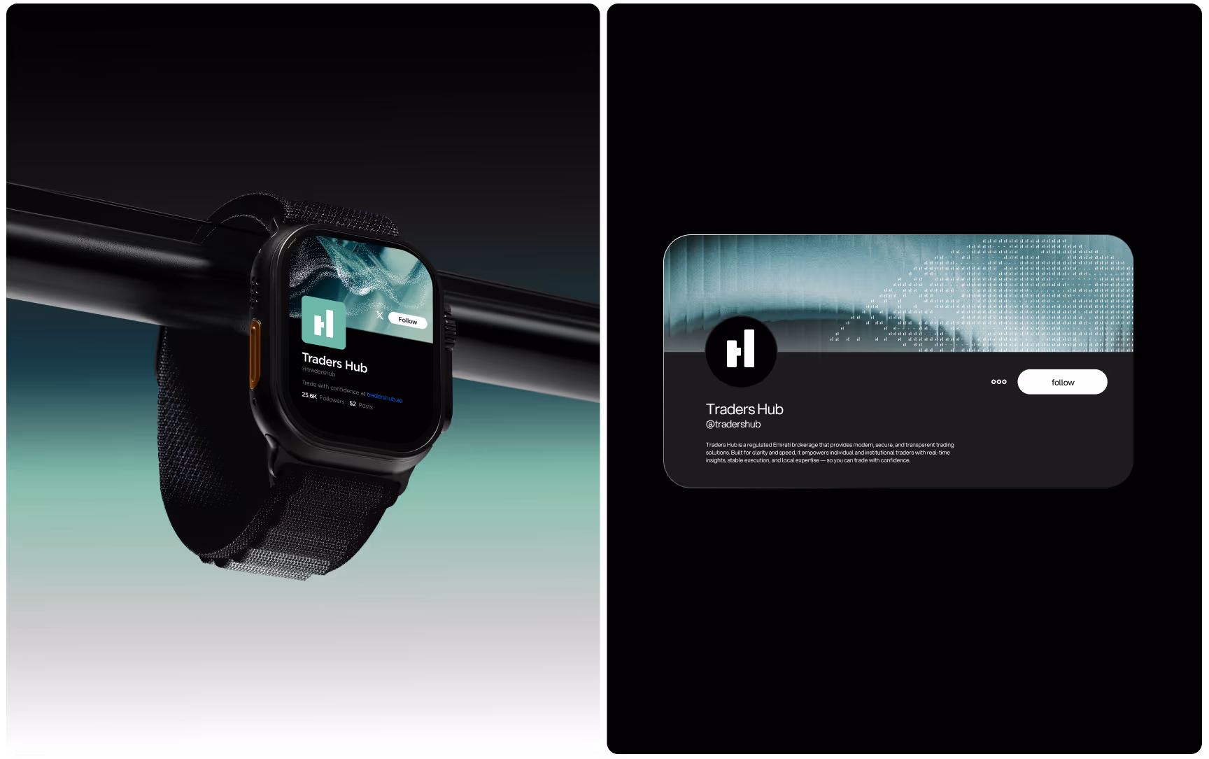 A smartwatch with a black strap hangs on a rod, displaying an app titled "Traders Hub." Beside it, a modern digital card features the Traders Hub logo and a follow button against a sleek, futuristic background.