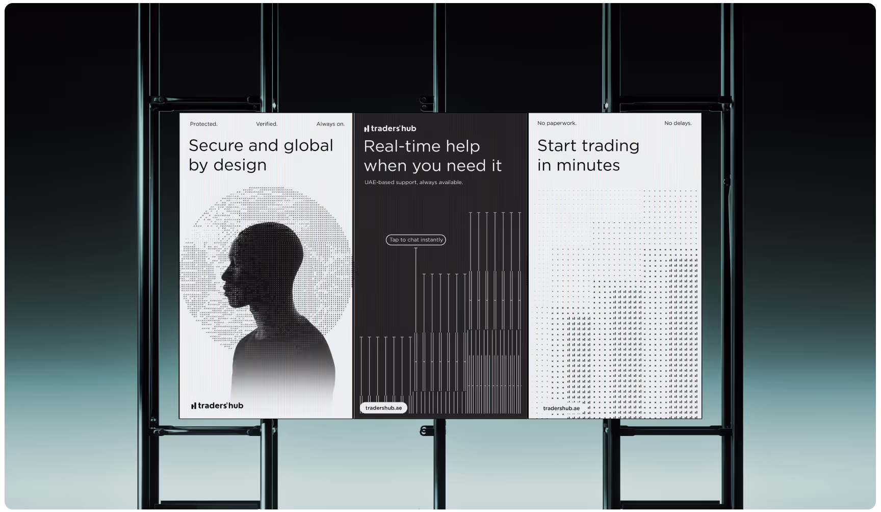 A three-panel advertisement on a gradient background. Left panel: Silhouette with text 'Secure and global by design'. Center panel: Text 'Real-time help when you need it', with vertical lines. Right panel: Dotted pattern with 'Start trading in minutes'.