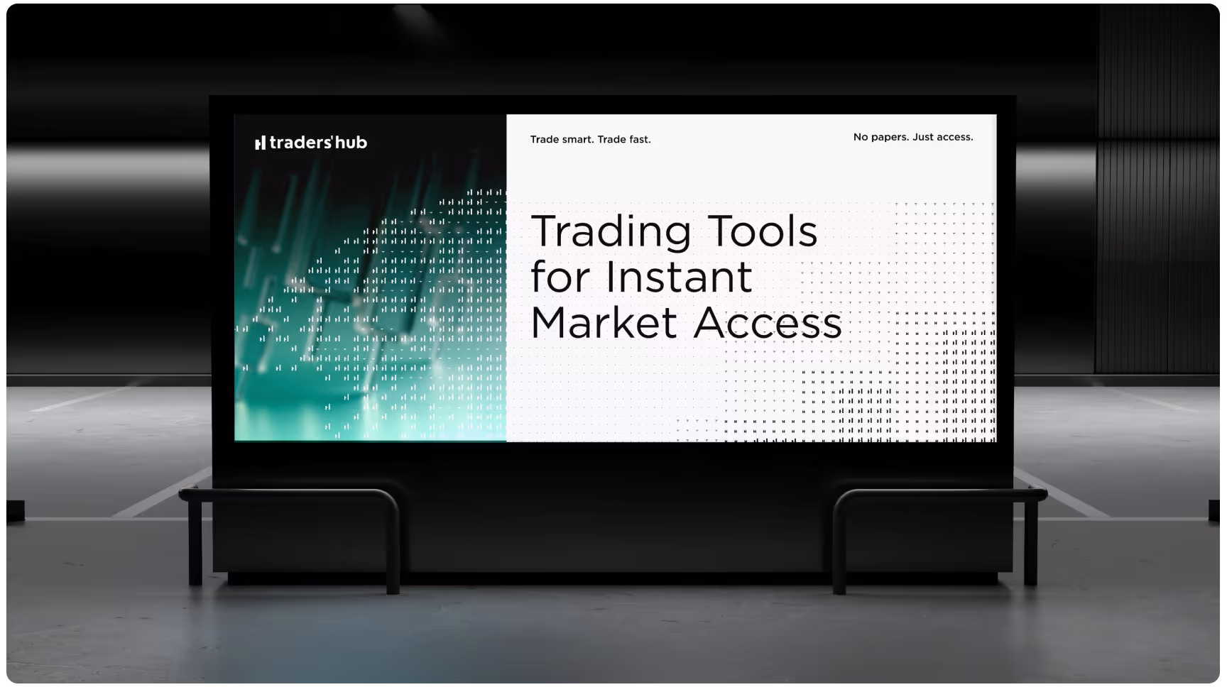 Digital billboard featuring "Trading Tools for Instant Market Access" with abstract green graphs and black text on white, conveying innovation and accessibility.