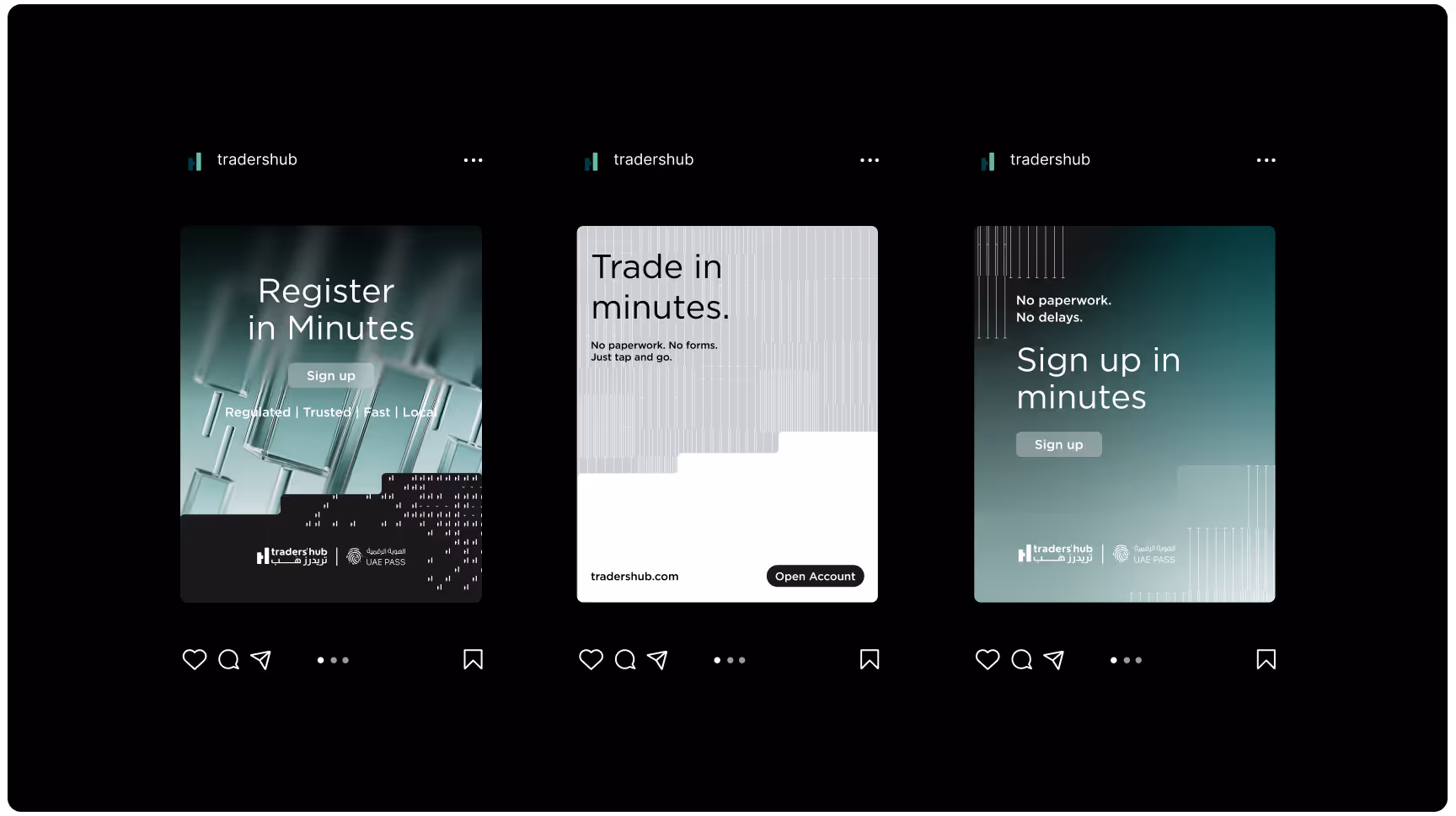 Three TradersHub ad visuals on a dark background. Each ad promotes quick registration with phrases like "Register in Minutes" and "Sign up in minutes." Styles vary, featuring muted green and gray tones, emphasizing ease and speed. Icons below suggest socia