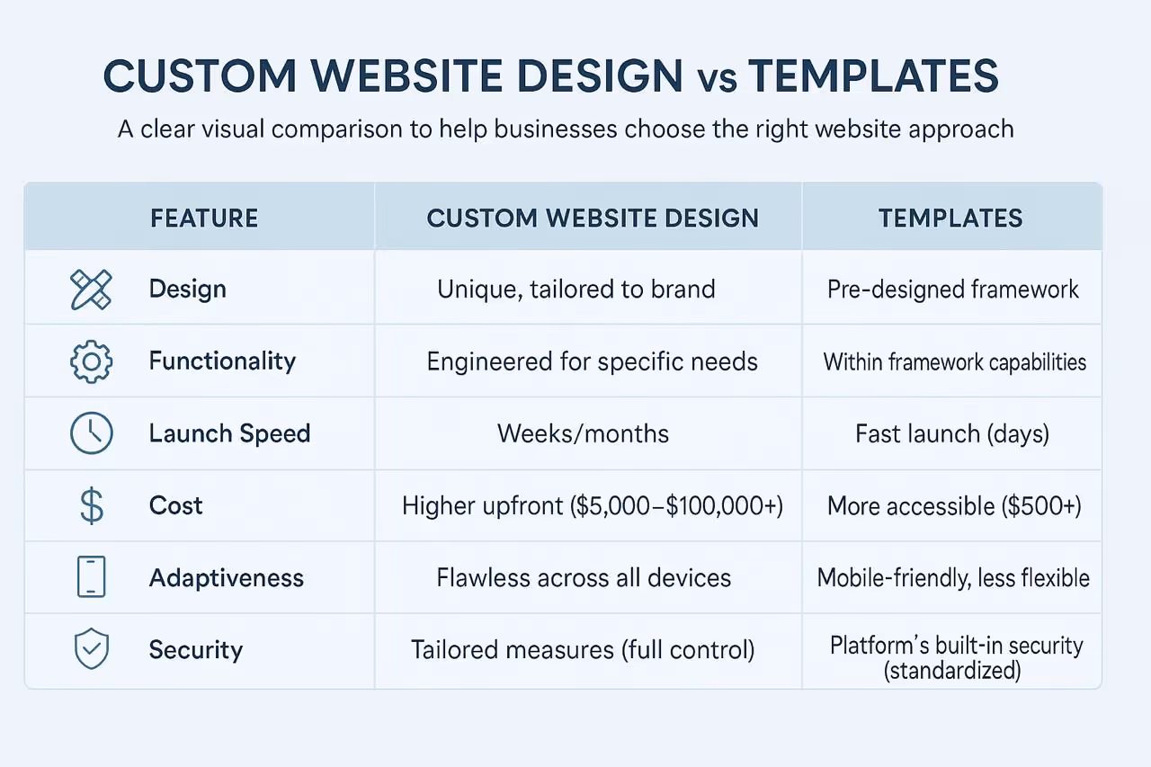 An infographic table comparing Custom Website Design vs Templates across six key features: Design (Unique vs. Pre-designed), Functionality (Engineered vs. Framework), Launch Speed (Weeks/Months vs. Days), Cost (Higher upfront vs. More accessible), Adaptiveness (Flawless vs. Less flexible), and Security (Tailored vs. Standardized). The table provides a clear visual comparison to help businesses choose the right website approach.