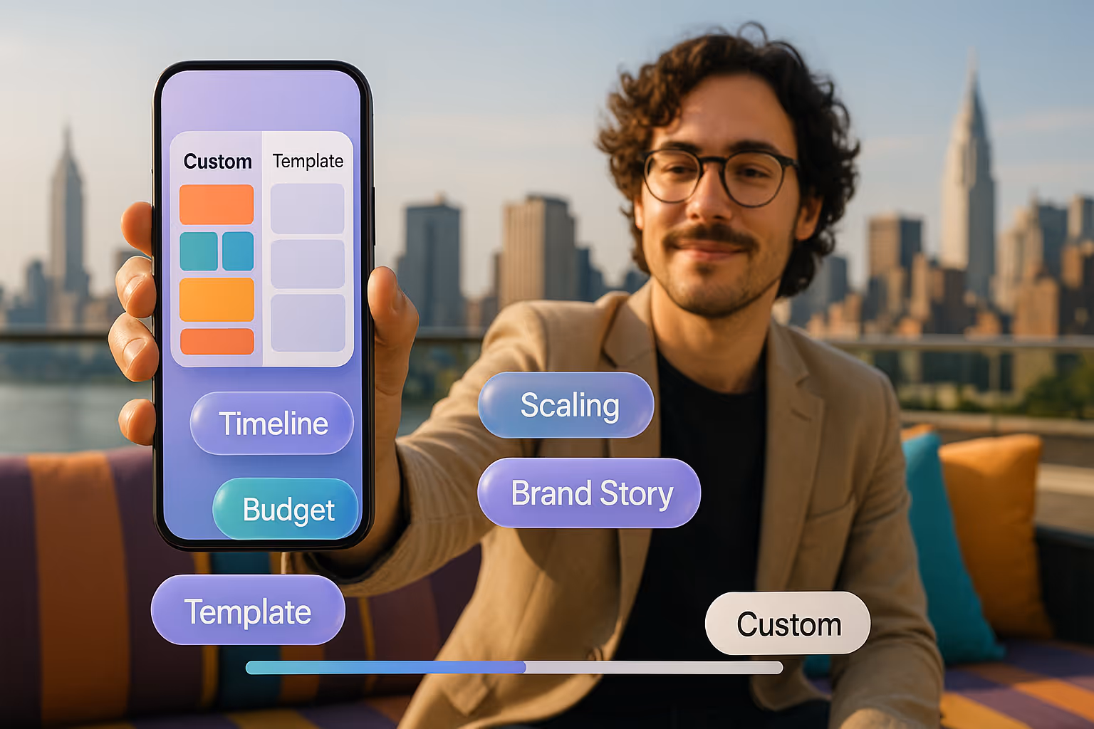 A person in glasses holds a smartphone displaying a UI design against a city skyline. Keywords like "Timeline" and "Budget" float in a tech-themed overlay.