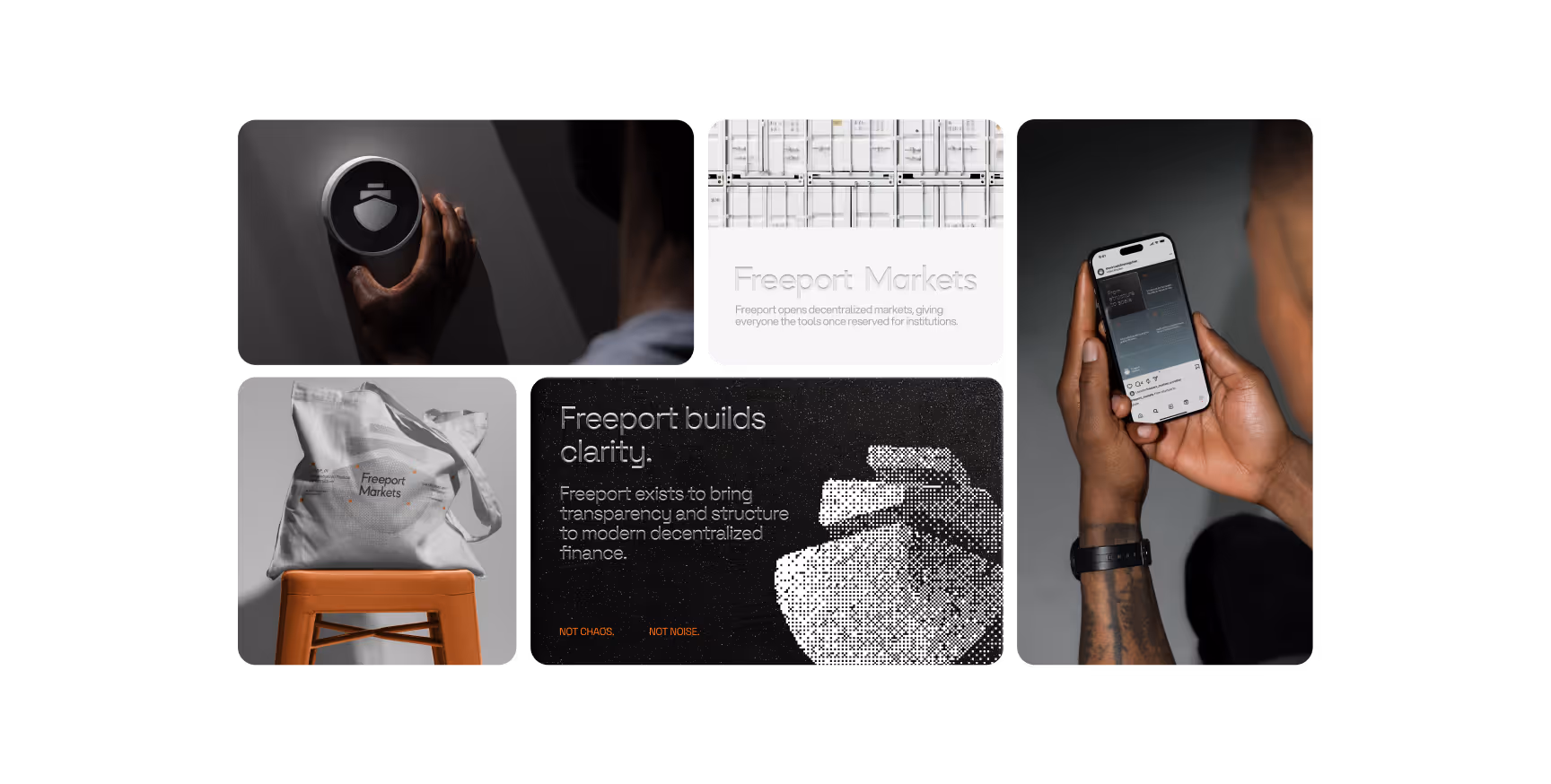 Grid of five images: Hands adjusting a device, architectural floor plan, person holding a smartphone, tote bag on a chair, and text about clarity in decentralized finance.