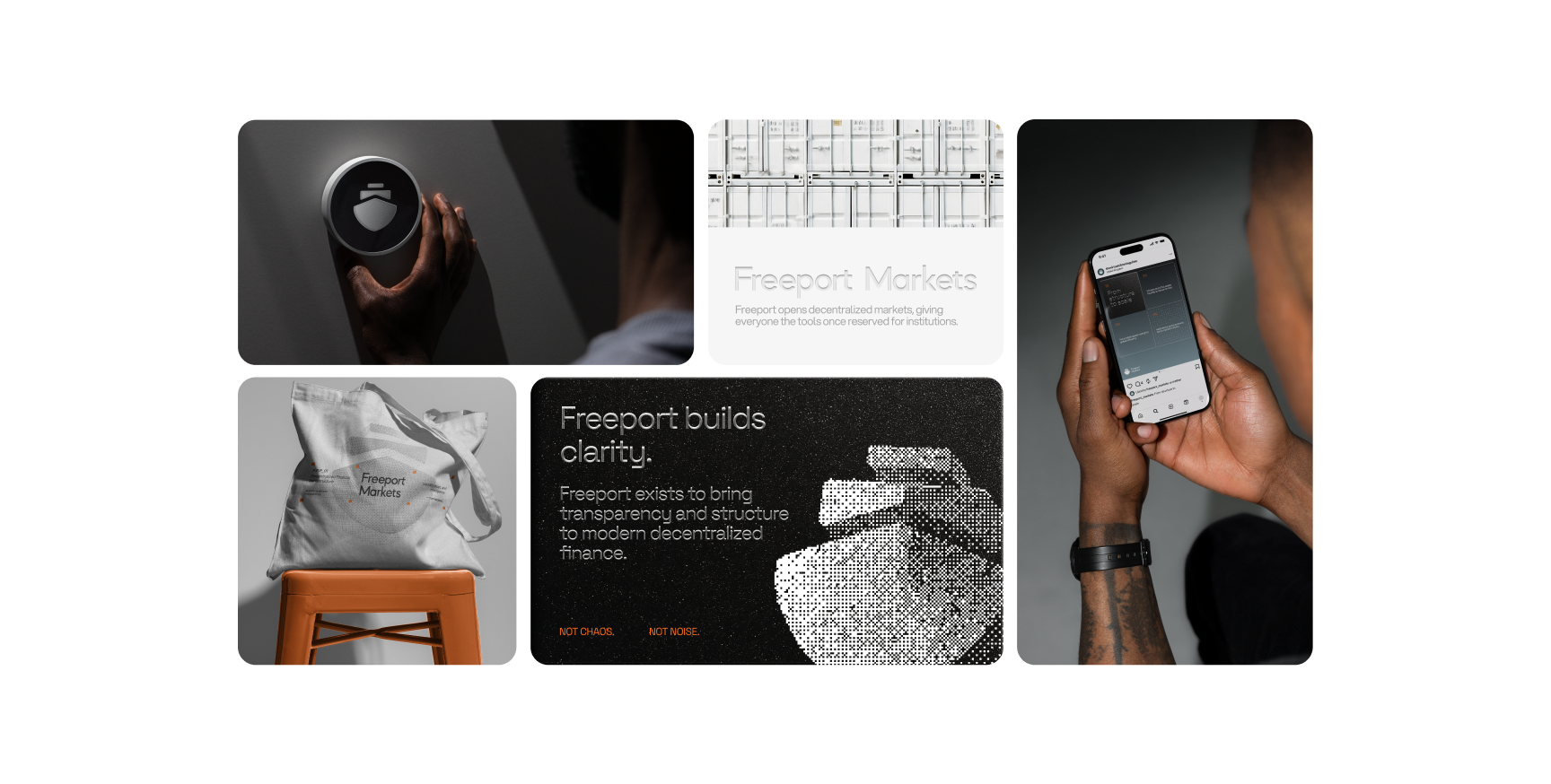 Grid of five images: Hands adjusting a device, architectural floor plan, person holding a smartphone, tote bag on a chair, and text about clarity in decentralized finance.