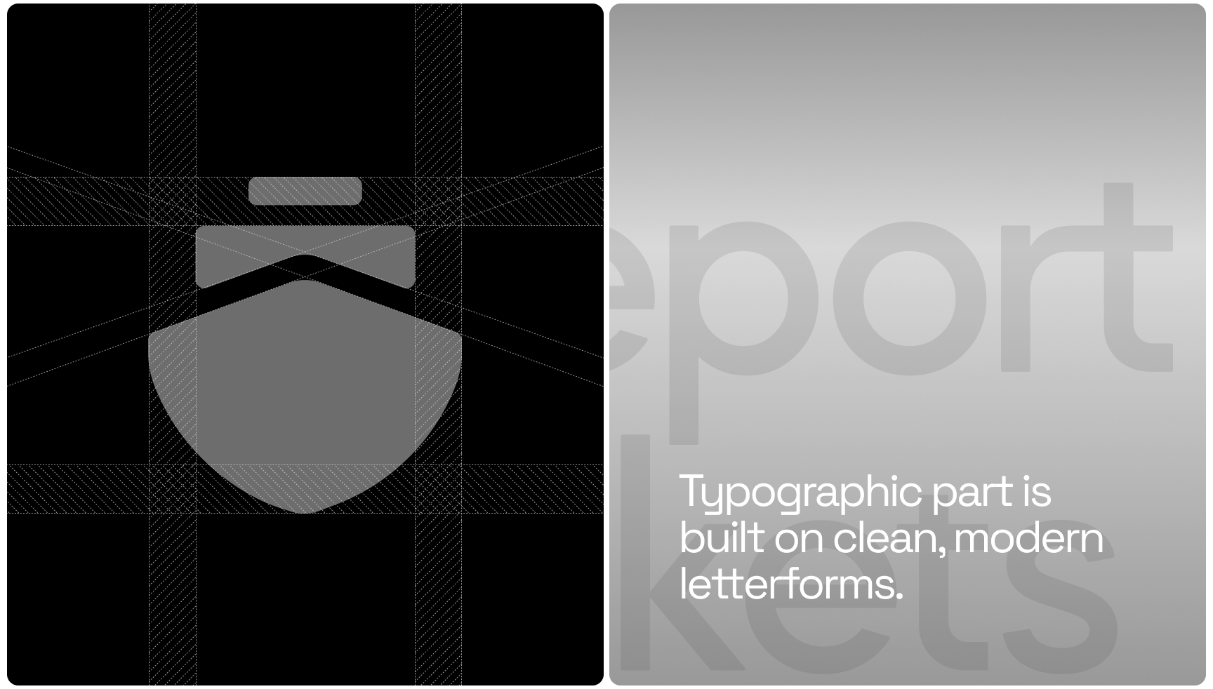 A modern shield logo design on the left with geometric lines. On the right, text reads, "Typographic part is built on clean, modern letterforms." Minimalist and sleek.
