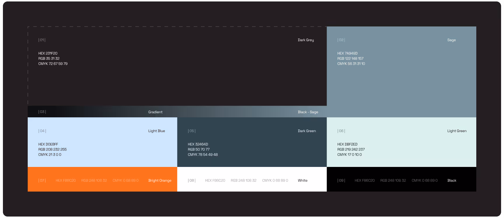 Color palette design with six sections, each displaying a different color along with its name, HEX, RGB, and CMYK codes. Colors include Dark Grey, Beige, Light Blue, Dark Green, Bright Orange, and Light Green, on a black background.
