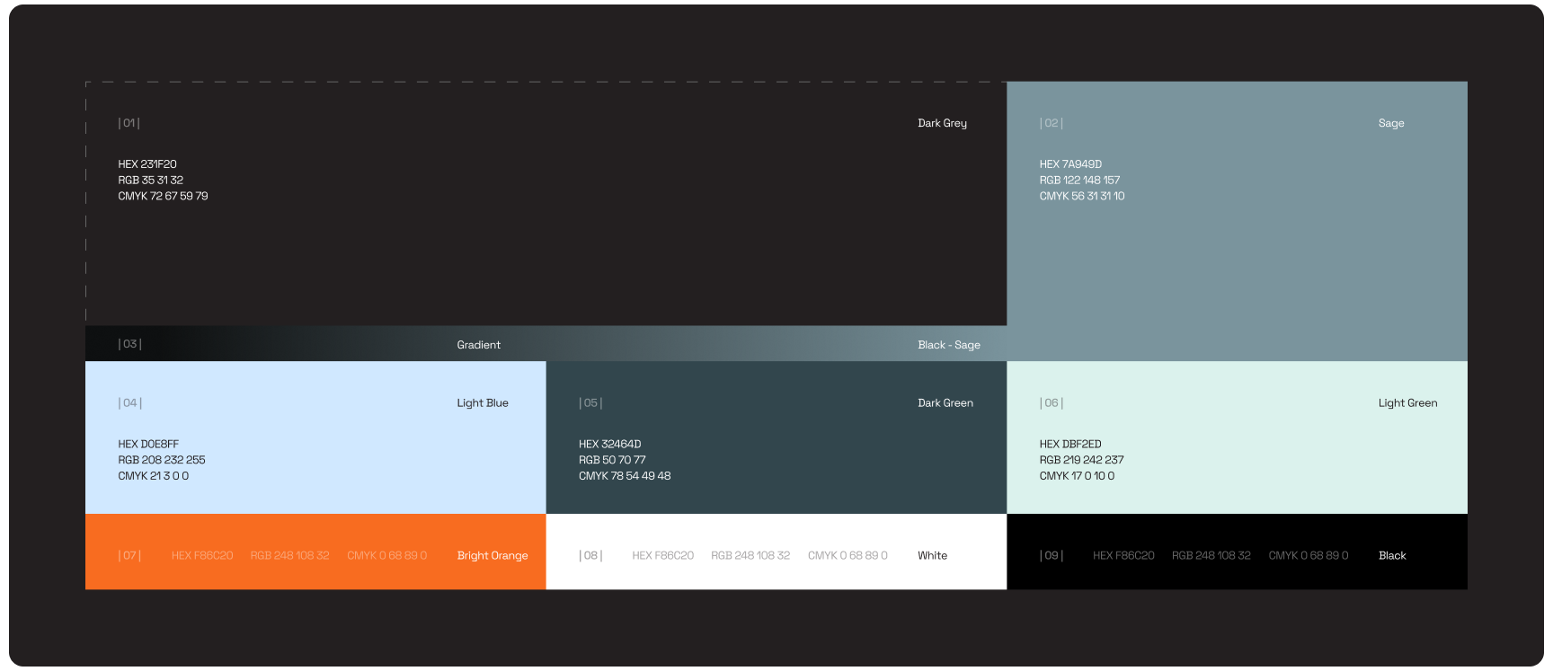Color palette design with six sections, each displaying a different color along with its name, HEX, RGB, and CMYK codes. Colors include Dark Grey, Beige, Light Blue, Dark Green, Bright Orange, and Light Green, on a black background.