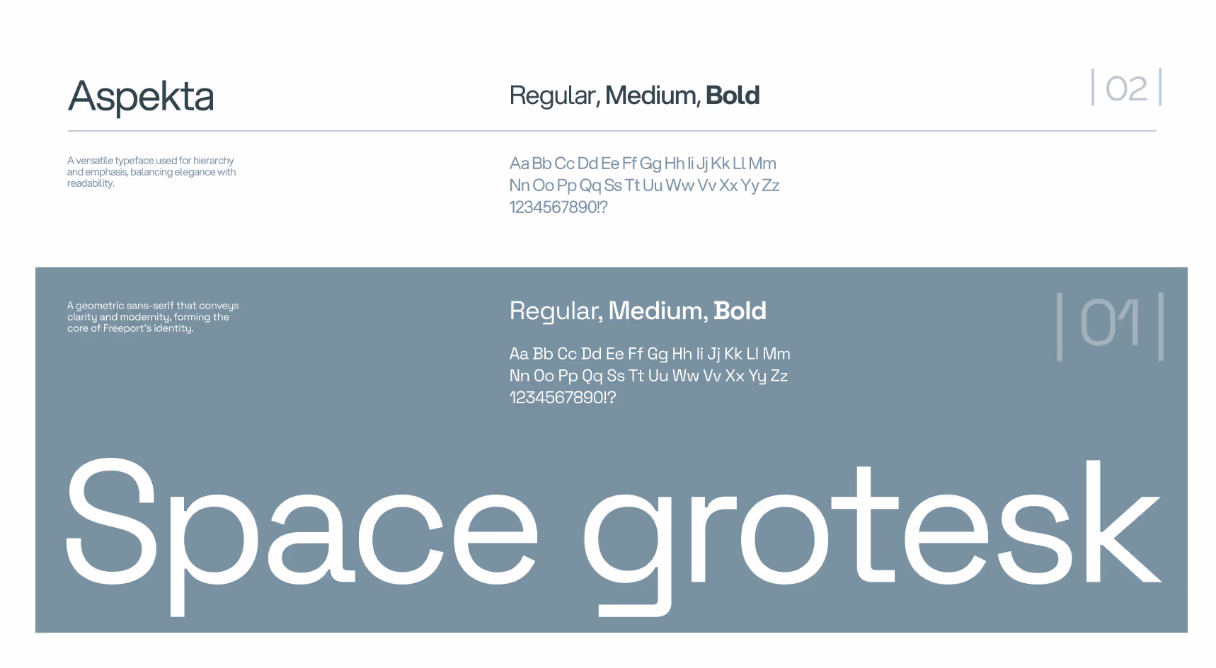 Typography display showing two typefaces. Top: Aspekta in Regular, Medium, Bold with elegant and readable tone. Bottom: Space Grotesk, a geometric sans-serif, also in Regular, Medium, Bold on a grey background.