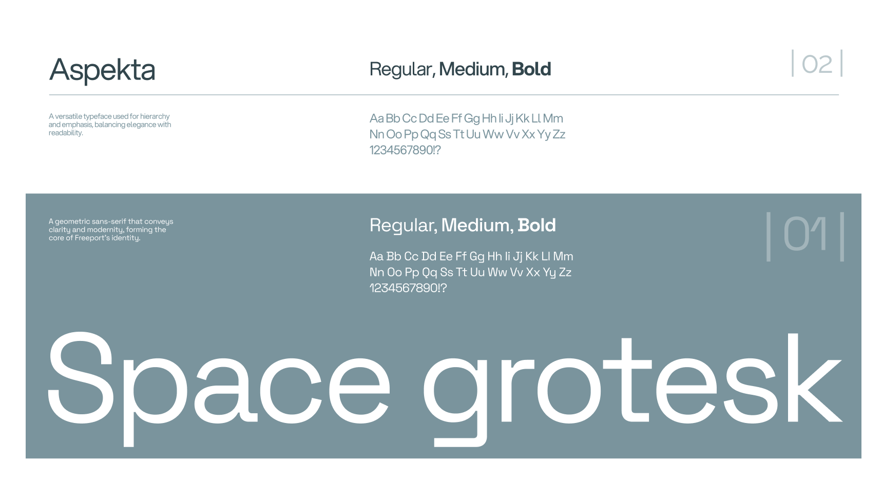 Typography display showing two typefaces. Top: Aspekta in Regular, Medium, Bold with elegant and readable tone. Bottom: Space Grotesk, a geometric sans-serif, also in Regular, Medium, Bold on a grey background.