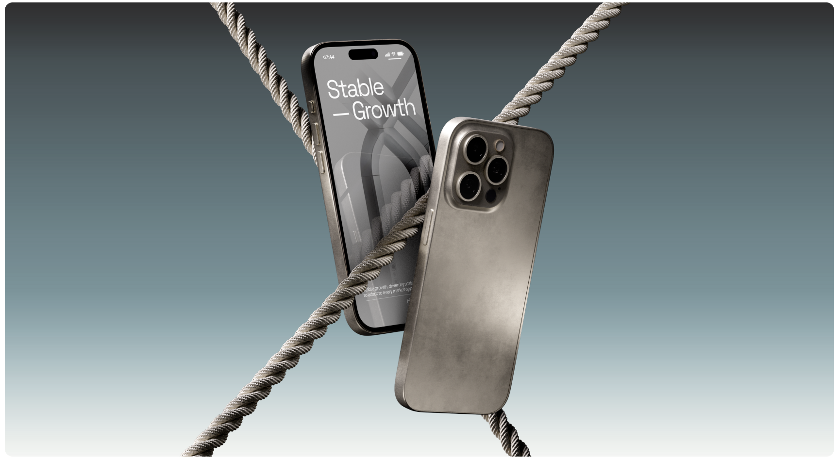 Two smartphones are suspended by ropes against a gradient background. One screen displays "Stable Growth" with ascending bar graphs, conveying a theme of progress.