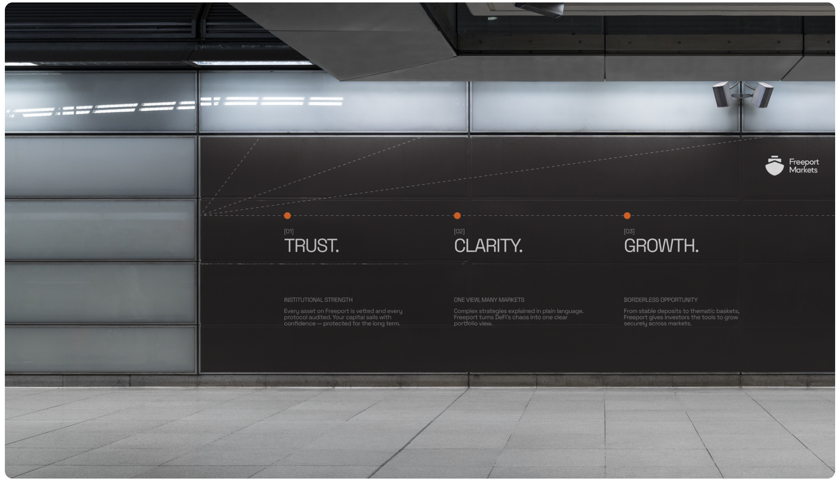 Subway station wall ad for Freeport Markets. Dark backdrop with three key words: Trust, Clarity, Growth. Modern and professional tone.