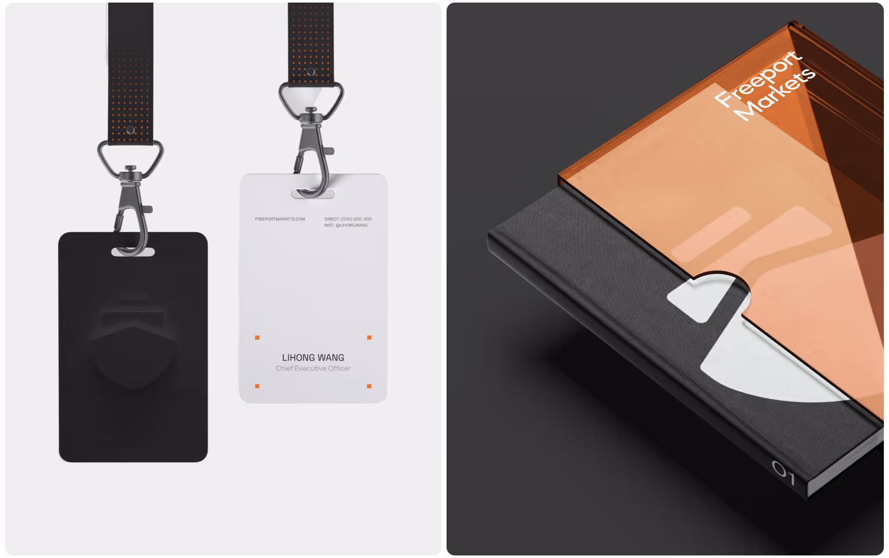 Two black lanyards with ID badges: one shows a shield design, the other a CEO's name. Beside them, a stylish black and orange book titled "Freeport Markets."