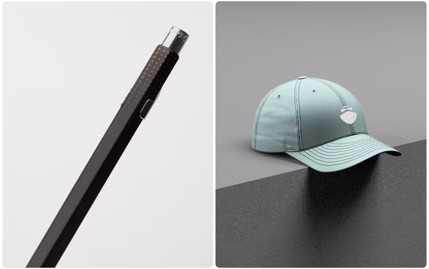 Split image: Left, a sleek black pen with a silver tip, angled against a white background. Right, a mint-green baseball cap with a logo, resting on a dark gray surface.