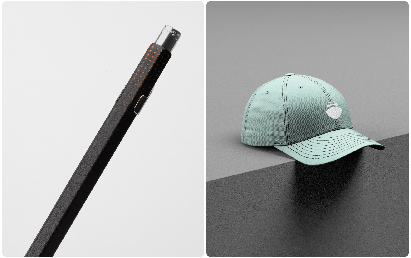 Split image: Left, a sleek black pen with a silver tip, angled against a white background. Right, a mint-green baseball cap with a logo, resting on a dark gray surface.