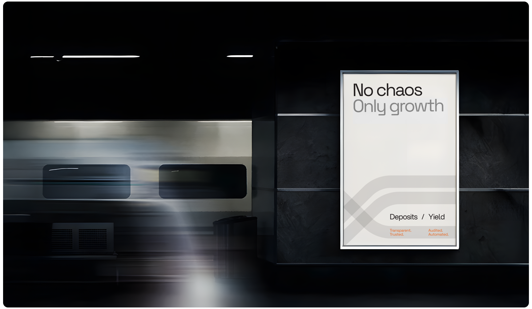 A subway station with a moving train on the left. On the right, a poster reads "No chaos, Only growth" with sleek, modern design. Dark, calm atmosphere.