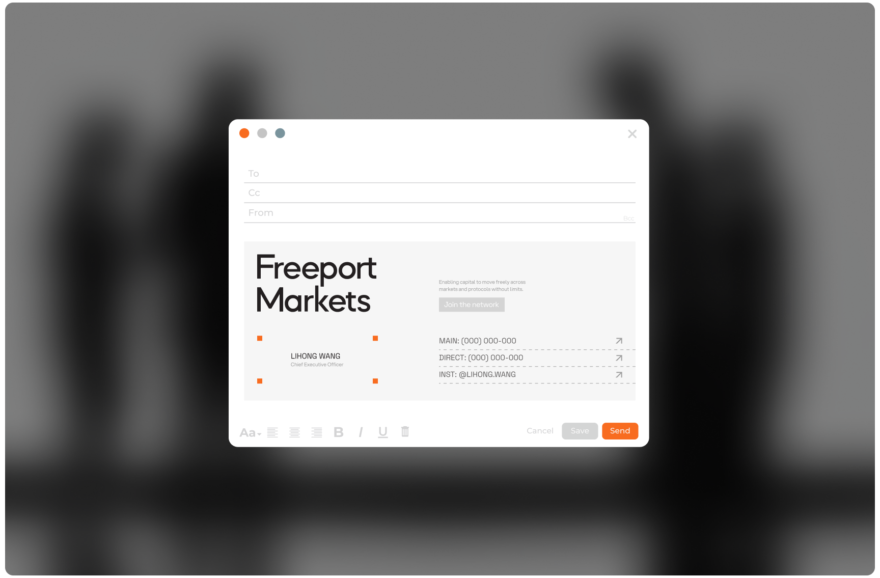A blurred background with silhouettes of people highlights an email interface. "Freeport Markets" is visible, with contact info and an orange "Send" button.