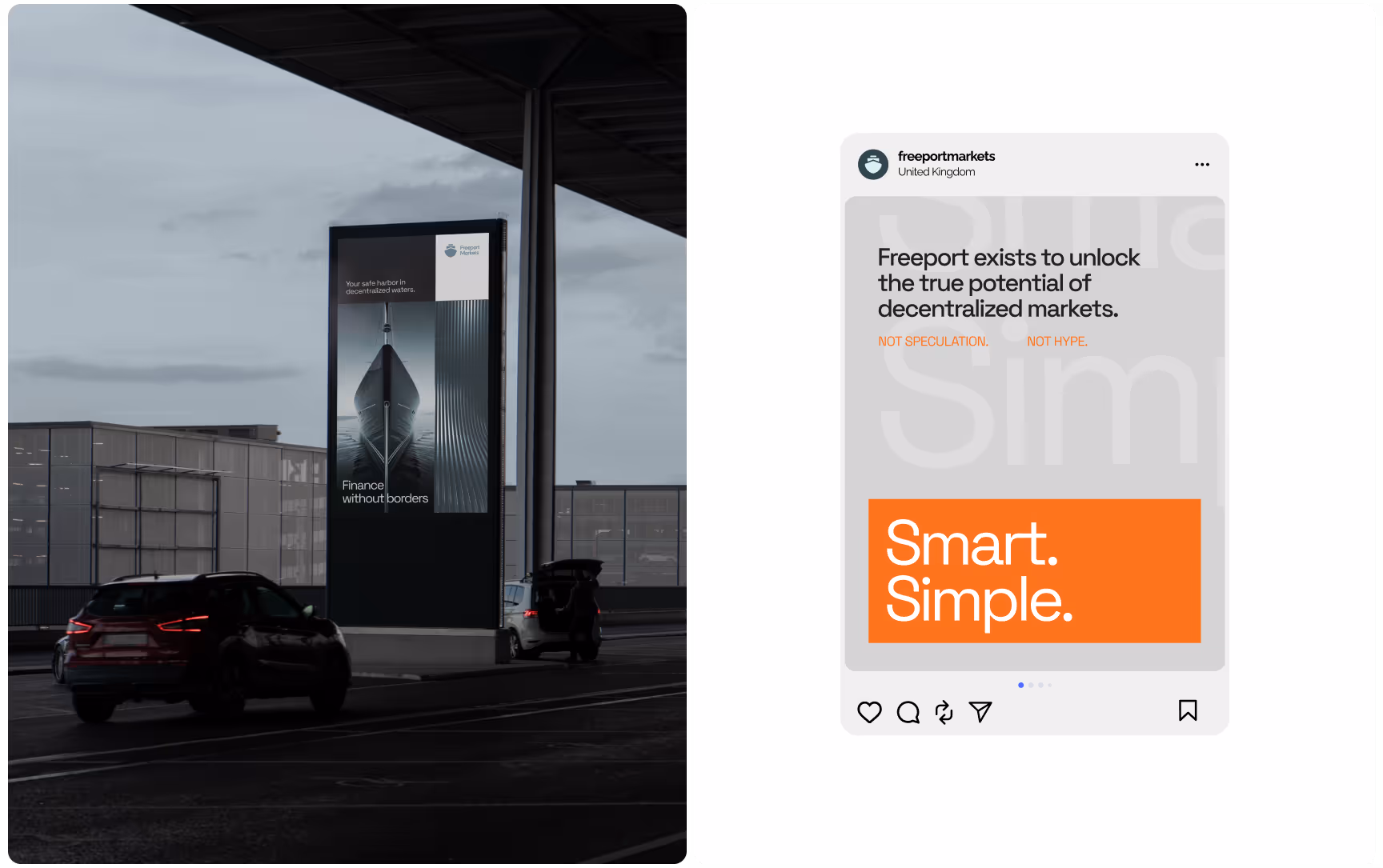 A large digital billboard at dusk displays “Finance without borders” over a cityscape. Adjacent, a minimalist ad reads “Smart. Simple.” on a gray and orange background.
