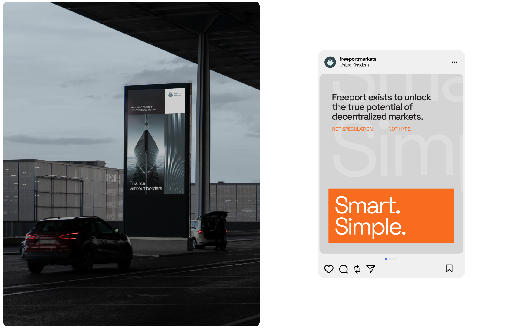 A large digital billboard at dusk displays “Finance without borders” over a cityscape. Adjacent, a minimalist ad reads “Smart. Simple.” on a gray and orange background.