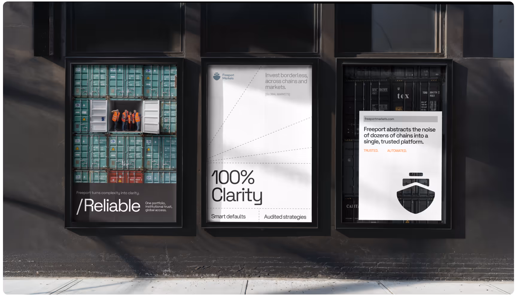 The left shows workers among stacked shipping containers with "Reliable" text. The center reads "100% Clarity" on a simple white design. The right features abstract shapes with text about platform abstraction.