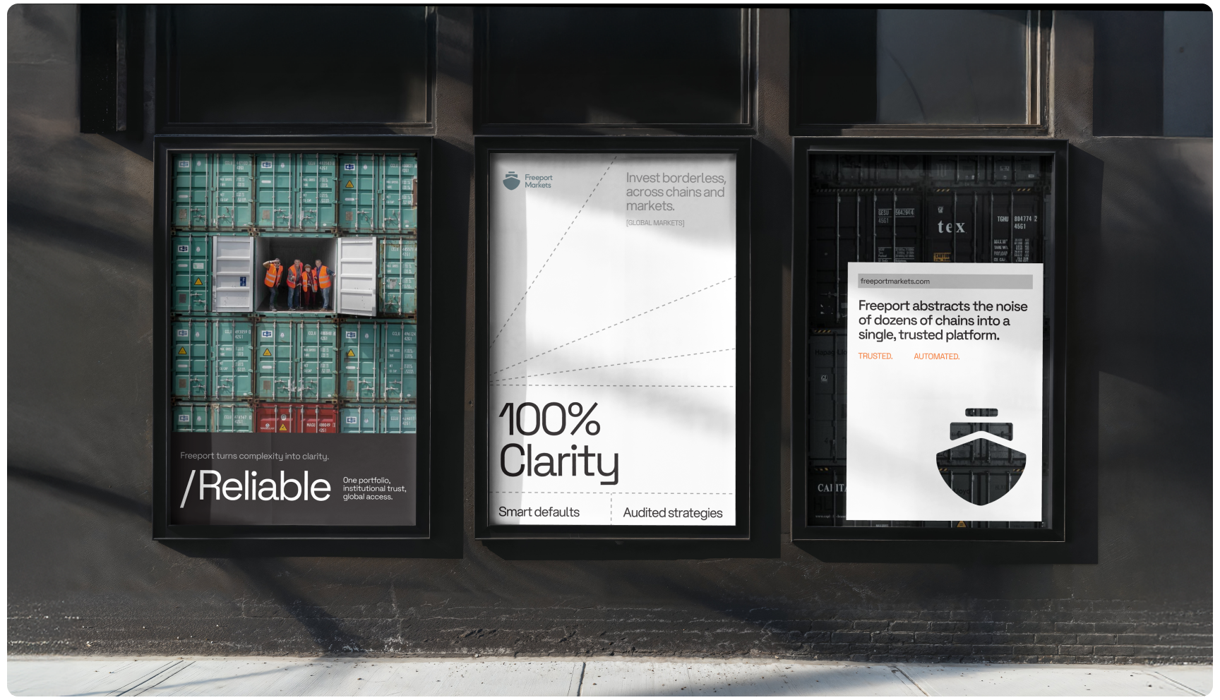 The left shows workers among stacked shipping containers with "Reliable" text. The center reads "100% Clarity" on a simple white design. The right features abstract shapes with text about platform abstraction.