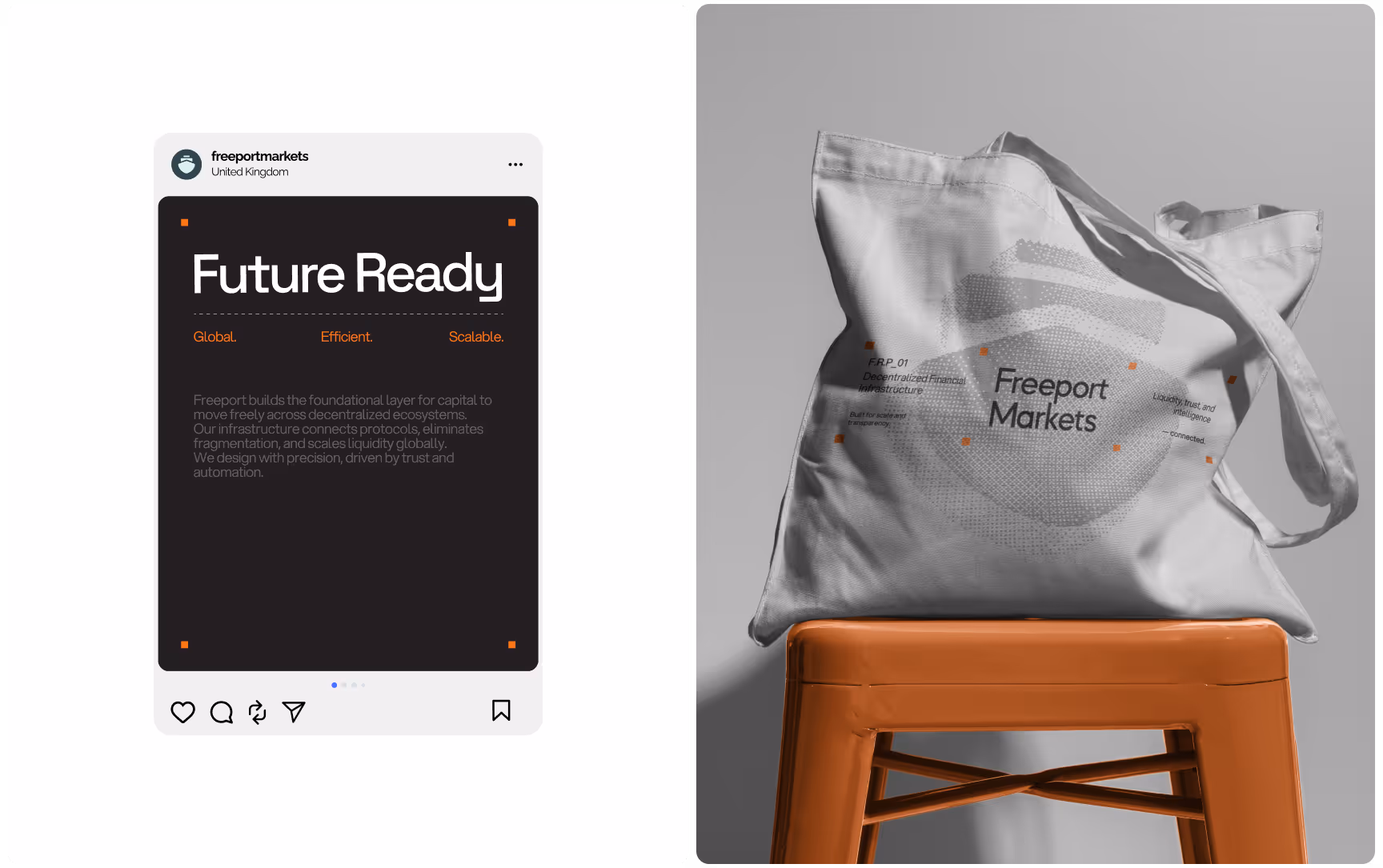 The image features a split design: on the left, a digital post with "Future Ready" in bold, with text about efficiency and scalability; on the right, a tote bag with "Freeport Markets" text, resting on an orange stool, conveying modernity and innovation.