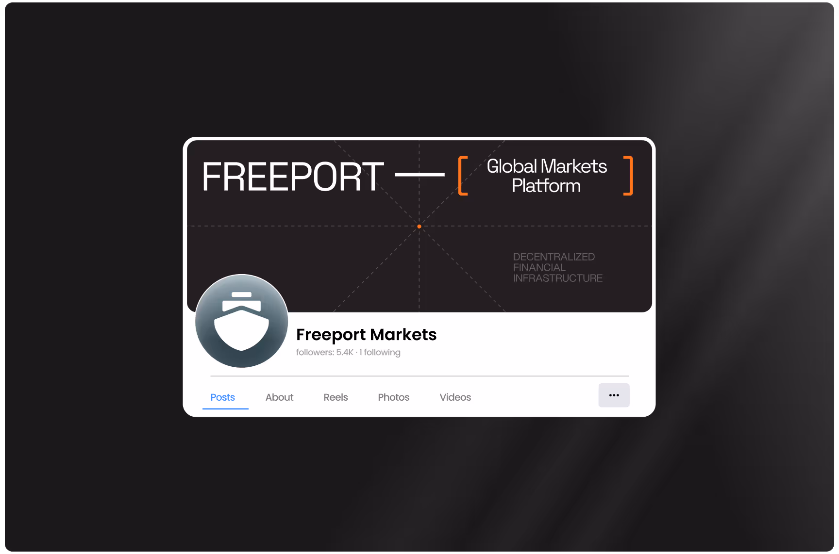 A social media profile for "Freeport Markets" on a black background. It features a logo, 5.4K followers, and menu options for posts, reels, photos, and videos.
